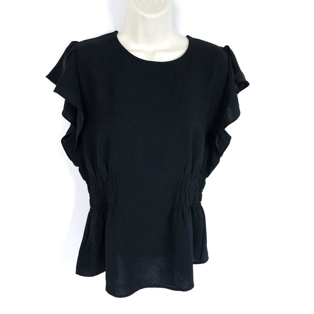 Womens Blouse Shirt Medium Black Short Sleeve Ruffle Elastic Waist